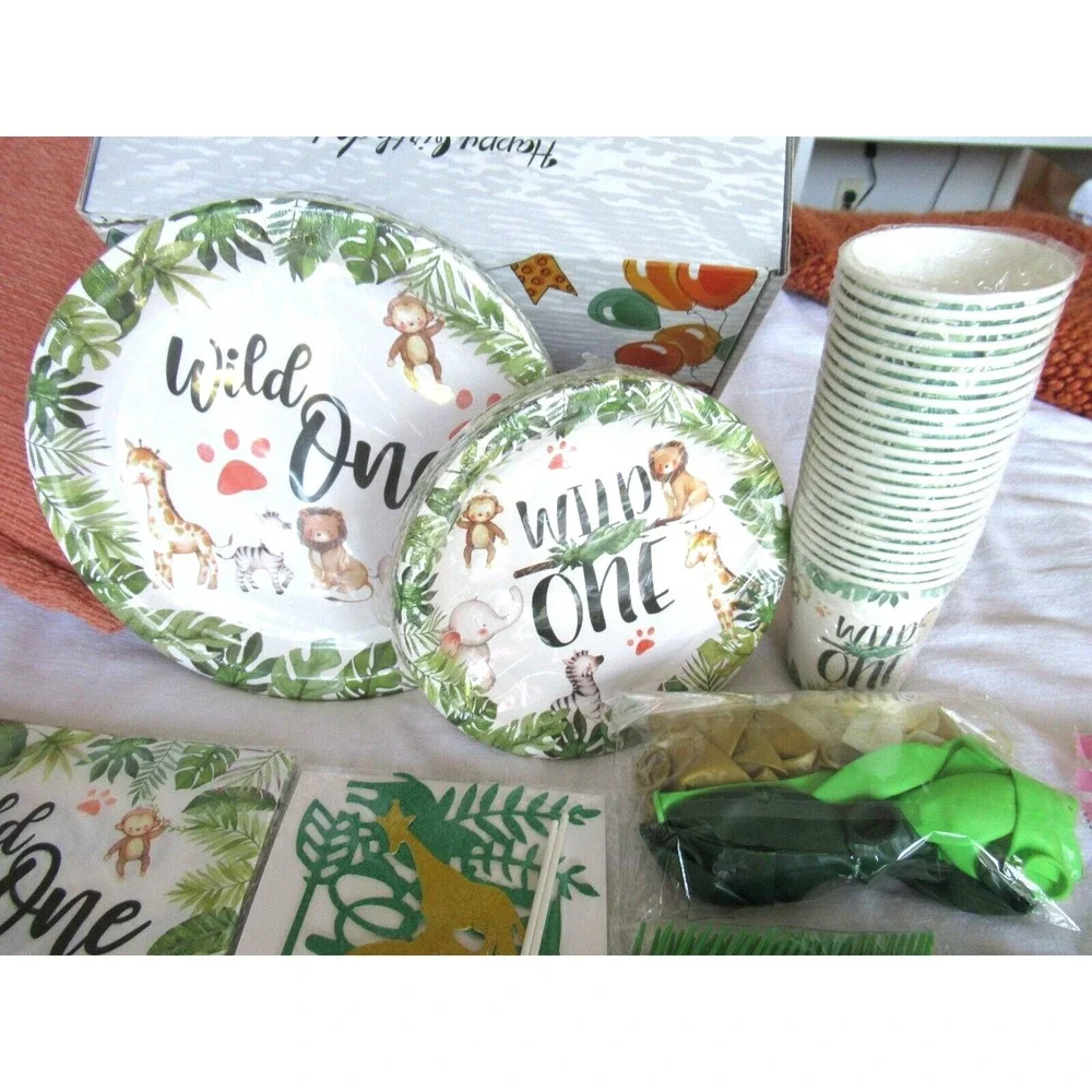 Wild one Jungle Safari First Birthday Decorations for 24 Guests Over 220 Pieces